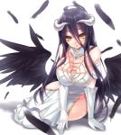  1girl ahoge albedo arm_support bare_shoulders black_hair black_wings blurry breasts cleavage demon_girl demon_horns depth_of_field detached_collar dress feathered_wings feathers female gloves hip_vent hlz horns large_breasts long_hair looking_at_viewer overlord_(maruyama) sitting smile solo tsurime very_long_hair white_dress white_gloves wings yellow_eyes yokozuwari 