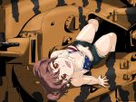  1girl alisa_(girls_und_panzer) arm_support breasts brown_eyes brown_hair cleavage cutoff_jeans cutoffs from_above girls_und_panzer girls_und_panzer_ribbon_no_musha ground_vehicle m22_locust military military_vehicle motor_vehicle raia_(raia_morgue) short_twintails smile solo tank turret twintails 