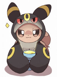  :3 animal_focus brown_eyes character_hood closed_mouth clothed_pokemon cosplay eevee flashlight highres holding holding_flashlight kemosuk no_humans pokemon pokemon_(creature) pokemon_focus simple_background smile solo umbreon umbreon_(cosplay) white_background 