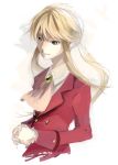  1boy blonde_hair cravat grey_eyes ponytail smile sofy umineko_no_naku_koro_ni upper_body ushiromiya_lion 