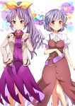  2girls absurdres belt bow chako_(chakoxxx) cosplay costume_switch hair_bow heart highres kishin_sagume kishin_sagume_(cosplay) long_hair multiple_girls pigeon-toed ponytail purple_hair red_eyes silver_hair single_wing touhou watatsuki_no_yorihime watatsuki_no_yorihime_(cosplay) wings 