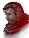  1boy bandanna beard eyepatch facial_hair from_side halftone hettsuaa highres horn long_hair metal_gear_(series) metal_gear_solid metal_gear_solid_v ponytail scar scar_across_eye solo upper_body venom_snake 