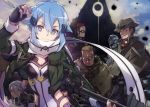  1girl 5boys abec behemoth_(sao) black_gloves black_hair blue_eyes blue_hair breasts character_request cleavage dyne_(sao) facial_hair fingerless_gloves glasses gloves green_jacket gun hair_ornament hairclip hat highres holding holding_gun holding_weapon jacket looking_at_viewer multiple_boys mustache open_clothes open_jacket orange_hair pale_rider_(sao) ponytail riffle scar scarf shinon_(sao) short_hair silver_hair smile sword_art_online weapon white_scarf yamikaze_(sao) 