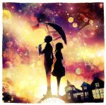 1boy 1girl abstract_background border copyright_request from_side harada_miyuki looking_up outdoors standing umbrella white_border 