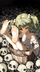  1girl absurdres barefoot bucket green_eyes green_hair highres in_bucket in_container japanese_clothes kimono kisume kourou_(kouroukun) looking_at_viewer one_eye_closed pile_of_skulls short_twintails single_off_shoulder skull soles solo touhou twintails white_kimono wooden_bucket 