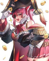  1girl bare_shoulders breasts coin eyepatch gloves gold_coin hat highres hololive houshou_marine houshou_marine_(1st_costume) one_eye_covered open_mouth pirate_hat red_hair smile solo tsugutoku twintails upper_body white_gloves 