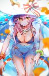  1girl alternate_costume animal_ears bare_legs bikini blue_bikini breasts cleavage collarbone fate/extra fate/grand_order fate_(series) fox_ears fox_tail from_above hair_between_eyes hair_over_shoulder hat hat_ribbon highres innertube looking_at_viewer navel nekoremon partially_submerged pink_hair ribbon side-tie_bikini sitting smile solo sun_hat swimsuit tail tamamo_(fate)_(all) tamamo_no_mae_(swimsuit_lancer)_(fate) thigh_gap thighs white_hat yellow_eyes 