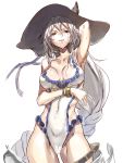  1girl armpits azuki_(azuki-taste) bikini braid breasts brown_eyes casual_one-piece_swimsuit collarbone covered_navel frilled_swimsuit frills granblue_fantasy hat heles highres one-piece_swimsuit silver_hair solo sun_hat swimsuit thighs 