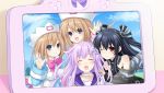  4girls absurdres bare_shoulders black_hair blue_eyes blush brown_hair choujigen_game_neptune closed_eyes d-pad game_cg hair_ornament hat highres long_hair looking_at_viewer multiple_girls nepgear neptune_(series) official_art one_eye_closed open_mouth picture_frame purple_hair ram_(choujigen_game_neptune) red_eyes rom_(choujigen_game_neptune) short_hair siblings sisters smile tsunako twins twintails uni_(choujigen_game_neptune) 