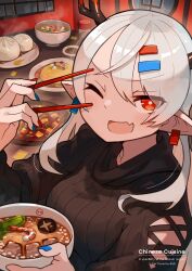  1girl absurdres black_sweater bowl bright_pupils chinese_food chopsticks dragon_girl earclip english_text food grey_hair hair_ornament hairclip highres holding holding_bowl holding_chopsticks horns indoors katsu_(katsupainter) long_hair mapo_tofu meal one_eye_closed open_mouth original pointy_ears red_eyes sarusawa_ikue solo steamed_bun sweater white_pupils 