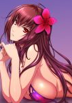  1girl bikini breast_press breasts elbow_rest fate/grand_order fate_(series) flower flower_on_head from_side gradient gradient_background interlocked_fingers isse large_breasts lavender_background lips long_hair looking_at_viewer lying midriff on_stomach parted_lips purple_background red_eyes redhead scathach_(fate/grand_order) scathach_(swimsuit_assassin)_(fate) sideboob solo swimsuit untied untied_bikini upper_body 