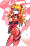  1girl bangs blue_eyes bodysuit bracer breasts contrapposto cowboy_shot eva_02 from_side gloves hair_between_eyes headgear highres holding_arm legs_apart long_hair looking_at_viewer mecha medium_breasts neon_genesis_evangelion number orange_hair pale_skin parted_lips pilot_suit plugsuit shadow shiny shiny_clothes signature skin_tight solo souryuu_asuka_langley standing two_side_up typo_(requiemdusk) white_background 