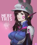  1girl armor background bangs bodysuit bracer breasts brown brown_hair collar d.va_(overwatch) eyeliner eyes facepaint facial_mark fingers formal gloves gradient gun hair handgun hands headphones lips long_hair looking looking_at_viewer makeup markings mascara meka_(overwatch) overwatch paul_kwon pauldrons pilot pilot_suit pink rabbit simple_background skin_tight smile solo suit turtleneck upper_body weapon whisker_markings whiskers 