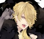  1boy blonde_hair claw_pose gloves hair_over_one_eye half-closed_eyes looking_at_viewer low_ponytail male_focus open_mouth or_i personification ponytail shishiou shishiou_no_mofumofu simple_background solo tongue touken_ranbu white_background 
