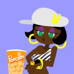  1girl animated animated_gif black_hair borrowed_character cleavage dark_skin earrings lips minus8 popcorn simple_background upper_body 