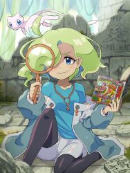 1girl absurdres ahoge blue_eyes blue_shirt book chain chain_necklace ciphermaniac_(pokemon) closed_mouth gold_necklace green_hair hair_over_one_eye highres holding holding_book holding_magnifying_glass holding_pencil jacket jewelry key key_necklace magnifying_glass mew mew_(pokemon) necklace open_clothes open_jacket pencil pokemoa pokemon pokemon_(creature) pokemon_card pokemon_tcg ruins shirt short_hair shorts wavy_mouth