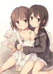  2girls barefoot brown_eyes brown_hair closed_mouth hair_ornament hair_scrunchie head_tilt highres hug hug_from_behind kyuri looking_at_viewer multiple_girls off_shoulder original own_hands_together ponytail ribbon-trimmed_shirt sailor_collar scrunchie shirt sitting sleeves_past_wrists smile wariza white_shirt yuri 