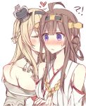  !? 2girls ahoge blonde_hair blush brown_hair closed_eyes crown heart japanese_clothes kantai_collection kiss kongou_(kantai_collection) kvlen miko multiple_girls nose_blush violet_eyes warspite_(kantai_collection) yuri 