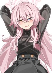  1girl absurdres ahoge alternate_costume arms_behind_head artist_name black_dress blue_archive cosplay dress halo heterochromia highres hoshino_(blue_archive) hoshino_terror_(blue_archive) long_hair looking_at_viewer pink_hair pink_halo rirua_(kjom802) self_cosplay solo white_background 