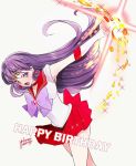 1girl 2016 bishoujo_senshi_sailor_moon bow brooch choker cowboy_shot dated earrings elbow_gloves gloves happy_birthday hino_rei jewelry long_hair looking_at_viewer open_mouth pleated_skirt purple_bow purple_hair red_bow red_skirt sailor_collar sailor_mars signature skirt solo star star_earrings tiara violet_eyes white_background white_gloves yukinami_(paru26i) 