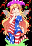  1girl absurdres american_flag_legwear american_flag_shirt blonde_hair blush chako_(chakoxxx) clownpiece fairy_wings full_body hat highres jester_cap long_hair looking_away neck_ruff pantyhose polka_dot red_eyes shirt short_sleeves smile solo star star_print striped tongue tongue_out touhou very_long_hair wings 