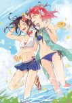  2016 2girls :d ^_^ arm_up bikini bikini_skirt black_hair blue_bikini blue_sky breasts choker cleavage closed_eyes cover cover_page day doujin_cover english floating_hair flower front-tie_bikini front-tie_top hair_flower hair_ornament halter_top halterneck happy holding holding_flower karuha love_live! love_live!_school_idol_project multiple_girls navel nishikino_maki open_eyes open_mouth petals polka_dot redhead ribbon short_hair side-by-side side-tie_bikini sky small_breasts smile splashing standing summer swimsuit text violet_eyes wading water yazawa_nico yellow_flower 