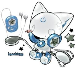  1other animal_ears blue_shoes bomal1215 cat_ears chibi chibi_only chibikemo colored_skin commentary cyber_fashion digital_media_player dress earphones english_commentary frutiger_aero furry headphones headphones_around_neck kirarin_revolution na-san o_o object_and_personification original other_focus personification power_symbol shoes simple_background sneakers solo star_(symbol) virtual_pet_(toy) white_background white_dress white_skin 