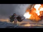  1girl bare_shoulders black_eyes black_hair cannon fire firing headgear hettsuaa highres kantai_collection letterboxed long_hair looking_to_the_side midriff military miniskirt muzzle_flash nagato_(kantai_collection) ocean outstretched_arm skirt sky solo thigh-highs very_long_hair water 