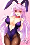  1girl :d animal_ears bare_shoulders blush bow bowtie breast_suppress breasts bunny_tail bunnysuit center_opening cleavage collarbone covered_navel cowboy_shot detached_collar drop_shadow fake_animal_ears fishnet_pantyhose fishnets highleg highleg_leotard hlz large_breasts leotard long_hair looking_at_viewer no_bra open_mouth pantyhose purple_hair rabbit_ears red_bow red_bowtie red_eyes sengoku_bushouki_muramasa sidelocks signature smile solo tail toudou_takatora_(sengoku_bushouki_muramasa) twitter_username under_boob very_long_hair wrist_cuffs 