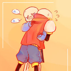  1:1 2018 2boys 2d armor artist_name black_shorts blue_jacket blue_shorts blush boots brothers cape closed_eyes commentary digital_media duo english_commentary flying_sweatdrops gloves grey_hood heart hollow_eyes hood hood_down hooded_jacket hug humanoid jacket male male_focus male_only monster monster_boy multiple_boys orange_background papyrus_(undertale) red_boots red_cape red_gloves sans_(undertale) shirt shorts siblings simple_background single_vertical_stripe skeleton spoken_heart striped_shorts sweat teeth undead undertale utdr_(toby_fox) veah3 vertical-striped_clothes vertical-striped_shorts white_armor white_shirt white_stripes 