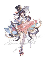  1girl absurdres aqua_eyes black_hair black_hat blue_bow blue_bowtie bow bowtie candle candlestand capelet card cloudyman commentary commission crossed_ankles dress frilled_wrist_cuffs frills full_body gloves hat highres holding holding_wand long_hair looking_at_viewer multicolored_dress original pink_shoes playing_card playing_card_hat_ornament sample_watermark shoes simple_background single_glove single_wrist_cuff solo sparkle thigh-highs top_hat very_long_hair wand watermark white_background white_gloves white_thighhighs white_wrist_cuffs wrist_cuffs yellow_bow yellow_bowtie zettai_ryouiki 