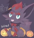 androgynous artist_request blue_eyes full_body furry halloween lollipop pokemon pumpking simple_background solo witch_hat zorua 