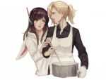  2girls animal_hood apron bangs black_shirt blonde_hair blue_eyes brown_eyes brown_hair bunny_hood buttons collared_shirt cooking d.va_(overwatch) facepaint facial_mark fingernails hair_ornament hair_tie headphones holding holding_arm hood hooded_jacket hoodie jacket ladle lips long_sleeves looking_at_another mercy_(overwatch) mo_(artist) mo_(ine_mao) multiple_girls nose open_mouth oven_mitts overwatch parted_lips pink_lips ponytail pot profile shirt simple_background upper_body whisker_markings white_apron white_background white_jacket 