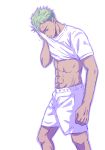  1boy abs dark_skin earrings green_hair king_of_prism_by_prettyrhythm male_focus muscle piercing pretty_rhythm pretty_rhythm_rainbow_live shirt shirt_lift short_hair shorts simple_background solo sweat t-shirt violet_eyes white_background white_shirt white_shorts yamato_alexander 