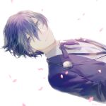  1boy arisato_minato blue_eyes cherry_blossoms digital_media_player headphones persona persona_3 ribbon robinexile school_uniform short_hair solo white_background yuuki_makoto 