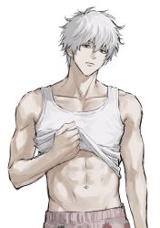  1boy abs clothes_lift collarbone food_print fruit_print gintama highres looking_at_viewer male_focus navel pectoral_cleavage pectorals red_eyes sakata_gintoki shirt_lift solo sso_s strawberry_print tank_top toned toned_male upper_body white_hair white_tank_top 
