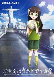  1girl 2014_fifa_world_cup :d anime_coloring ball blunt_bangs brown_hair christ_the_redeemer clouds cloudy_sky commentary_request dated english_text eyebrows_hidden_by_hair flower full_body gochuumon_wa_usagi_desu_ka? green_eyes green_shirt green_shoes green_shorts hair_flower hair_ornament hokkana holding holding_ball jesus kneehighs legs_apart logo long_hair looking_at_viewer official_art open_mouth outdoors pigeon-toed rio_de_janeiro shirt shoes shorts sky smile soccer_ball soccer_uniform socks solo sportswear standing tareme tree ujimatsu_chiya world_cup yellow_socks 