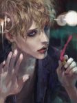  1boy androgynous as_(ashes) blonde_hair blue_eyes glass lipstick looking_at_viewer lowres male_focus open_clothes open_jacket original solo tareme 