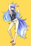  &gt;:) 1girl animal_ears armpits arms_up bare_shoulders belt blue_hair breasts capri_pants clothes_lift fox_ears fox_girl fox_tail full_body glasses gradient_hair highres iwatobi_hiro large_breasts long_hair looking_at_viewer multicolored_hair navel original pants rimless_glasses sandals sideboob sidelocks sleeveless smile solo sweater sweater_lift sweater_vest tail turtleneck two-tone_hair white_hair yellow_background yellow_eyes 