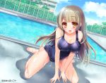 1girl :d arm_support bangs bare_shoulders barefoot blunt_bangs blush breasts brown_hair cleavage collarbone copyright_request dutch_angle full_body hlz kneeling large_breasts long_hair looking_at_viewer official_art old_school_swimsuit one-piece_swimsuit open_mouth original pool poolside school school_swimsuit smile solo swimsuit v_arms water wet yellow_eyes 