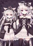  2girls :p absurdres alice_claudia animal_ears black_gloves black_legwear candy cat_ears choker dress female gloves gothic_lolita grey_hair hairband heart heterochromia highres jewelry lolita_fashion lollipop lolo_noel long_hair multiple_girls necklace thigh-highs tongue tongue_out tsukikage_nemu twintails 