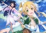  2girls abec barefoot black_eyes black_hair blonde_hair breasts cleavage collar collarbone detached_sleeves dress fairy feet green_eyes hair_ornament highres large_breasts leafa long_hair looking_at_viewer multiple_girls official_art open_mouth pointy_ears ponytail strapless strapless_dress sword_art_online white_dress yui_(sao) yui_(sao-alo) 