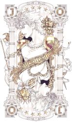  2boys armor art_nouveau braid bug colored_skin column earrings father_and_son giorno_giovanna gold high_collar highres jewelry jojo_no_kimyou_na_bouken jonathan_joestar ladybug looking_to_the_side male_focus multiple_boys pale_color pauldrons phantom_blood pillar profile shoulder_armor star_(symbol) statue stone_mask_(jojo) unicorn upside-down vento_aureo white_hair white_skin white_theme wing_ornament zhhy3324 