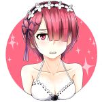  annoyed arms_at_sides breasts capoki clenched_teeth collarbone hair_ornament hair_over_one_eye headdress looking_at_viewer maid_headdress medium_breasts pink_eyes pink_hair ram_(re:zero) re:zero_kara_hajimeru_isekai_seikatsu teeth upper_body x_hair_ornament 