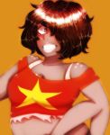  1girl extra_arms freckles gem hair_over_one_eye highres midriff off_shoulder shiny shiny_hair shiny_skin short_hair smokey_quartz smokey_quartz_(steven_universe) solo steven_universe washiko 