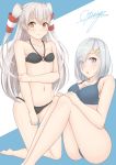  2girls absurdres amatsukaze_(kantai_collection) bikini blue_eyes breasts brown_eyes hair_over_one_eye hamakaze_(kantai_collection) highres kantai_collection kneeling long_hair medium_breasts multiple_girls ochiai_miyabi short_hair silver_hair sitting small_breasts swimsuit twintails two_side_up 