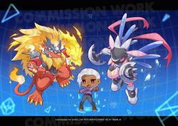  1boy 2girls asymmetrical_dual_wielding black_pants blonde_hair blue_background body_fur braid chibi clenched_hand commission crescemon dark-skinned_female dark_skin digimon digimon_(creature) dual_wielding fiery_tail fire flaremon full_body furry furry_female furry_male grey_hair group_picture helmet highres holding holding_polearm holding_shield holding_weapon hood hoodie lion long_hair multiple_girls pants pink_fur polearm purple_hoodie rabbit red_fur shield slayer_dramonz spiky_hair tail violet_eyes watermark weapon 