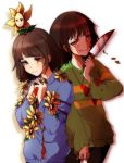  androgynous blood blood_on_face bloody_clothes bloody_knife brown_eyes brown_hair chara_(undertale) citadeloli cowboy_shot crying crying_with_eyes_open flower flower_on_head flowey_(undertale) frisk_(undertale) hands_clasped heart heart_necklace jewelry jitome necklace red_eyes simple_background spoilers striped striped_sweater sweater tears undertale white_background 