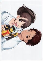  1boy 1girl brown_eyes brown_hair chuo_tanegashima_high_school_uniform collared_shirt ears_visible_through_hair exif_rotation fukuda_tomonori highres holding holding_toy long_hair long_sleeves looking_at_another looking_at_viewer non-web_source official_art open_collar open_mouth ponytail red_eyes red_hair red_shirt red_undershirt robot robotics;notes sailor_collar school_uniform senomiya_akiho shirt short_hair short_sleeves smile t-shirt tanegashimachine-3 teeth tongue toy toy_robot upper_teeth_only white_background white_sailor_collar white_shirt yashio_kaito 