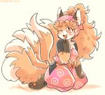  1girl artist_request female fox full_body furry long_hair multiple_tails one_eye_closed open_mouth orange_hair red_eyes solo 